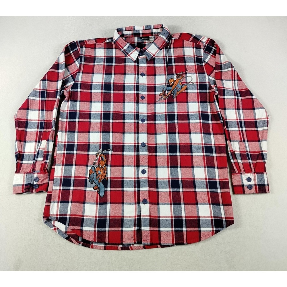 Marvel Flannel‎ Shirt Mens Large Red Spider Man Plaid Button Up Cabincore Cozy